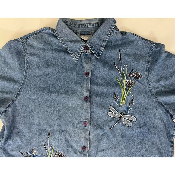 VTG BLAIR Denim Embroidered Floral Dragonfly Short Sleeve Button Up Shirt XL - Picture 3 of 8